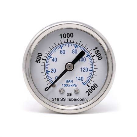 PIC GAUGES Gauge, 2.5", 0/2000psi, 1/4"CBM, SS PRO-302D-254O-01